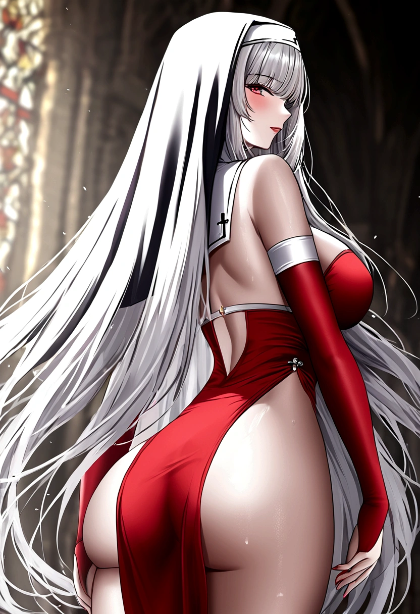 Character (hair bangs) (white long hair) (white pale skin) (battle nun-style clothing) (red clothing) (character in dynamic pose) (butt taken)