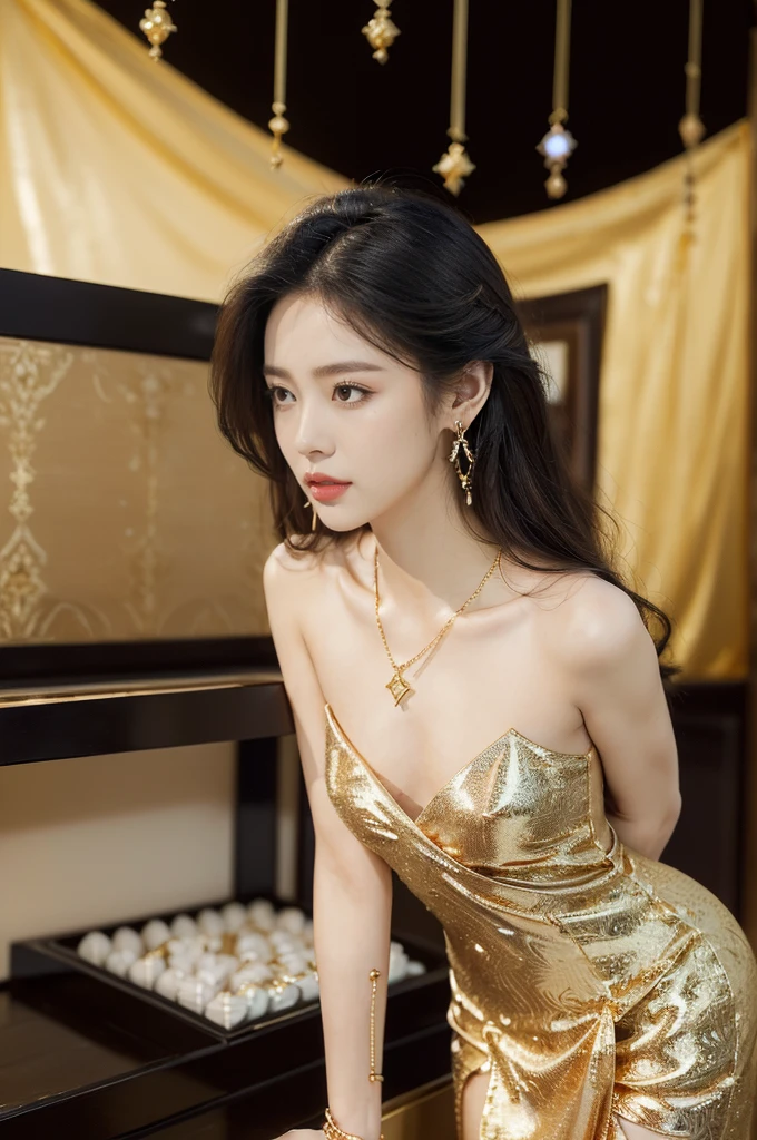 ((((8k))),((Extremely meticulous CG)) ,(wallpaper),16k,((Extremely refined and beautiful)),(((Masterpiece))),(((best qualtiy))),(((Ultra High Resolution))),beautiful light up,Perfect lightning,realistic shaded,(Smooth and flawless skin:1.5),(Extremely exquisite facial details:1.2),(perfect body:1.2),(ultra-detailed),((A beautiful girl,solo)),(small head:1.2),(pale skin:1.3),(medium straight hair:1.2),(small face:1.2),(:1.3),(Exquisite makeup:1.2),(small breasts:1.2),(flat chest:1.3),((slim,thin)),(laughing:1.2),(gold earrings:1.3),(gold necklace:1.3),(gorgeous black Thai dress:1.5),(pantyhose:1.3),(indoor:1.3),(summer:1.3),(detailed background:1.5),(standing:1.3),(arms behind back:1.2),(upper body:1.3),(from front:1.3),(day scene:1.5),(In a luxurious jewelry store:1.5),(bright and vivid colors:1.3),(The showcase is piled with jewelries:1.3),