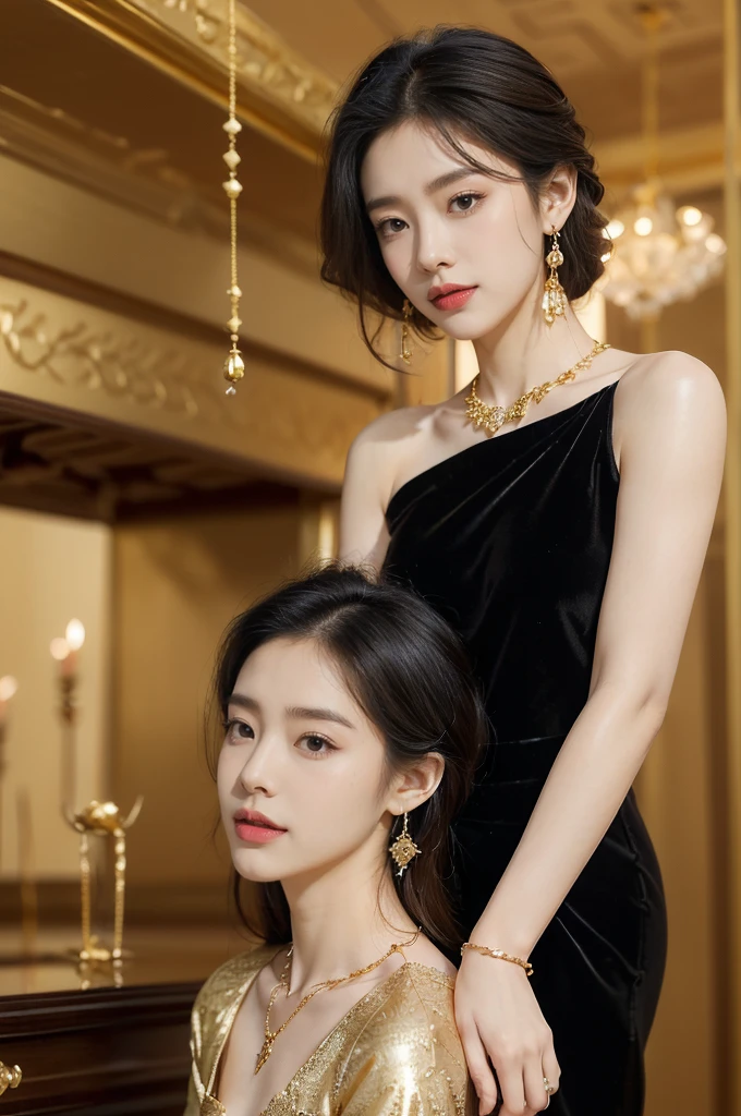 ((((8k))),((Extremely meticulous CG)) ,(wallpaper),16k,((Extremely refined and beautiful)),(((Masterpiece))),(((best qualtiy))),(((Ultra High Resolution))),beautiful light up,Perfect lightning,realistic shaded,(Smooth and flawless skin:1.5),(Extremely exquisite facial details:1.2),(perfect body:1.2),(ultra-detailed),((A beautiful girl,solo)),(small head:1.2),(pale skin:1.3),(medium straight hair:1.2),(small face:1.2),(baby face:1.3),(Exquisite makeup:1.2),(small breasts:1.2),(flat chest:1.3),((slim,thin)),(laughing:1.2),(gold earrings:1.3),(gold necklace:1.3),(gorgeous black Thai dress:1.5),(pantyhose:1.3),(indoor:1.3),(summer:1.3),(detailed background:1.5),(standing:1.3),(arms behind back:1.2),(upper body:1.3),(from front:1.3),(day scene:1.5),(In a luxurious jewelry store:1.5),(bright and vivid colors:1.3),(The showcase is piled with jewelries:1.3),