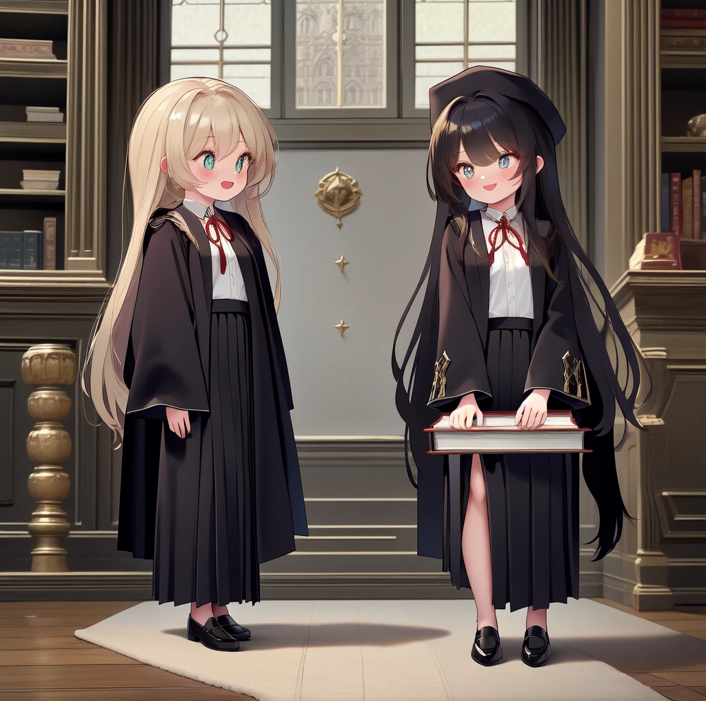 (ultra-detailed, best quality, anatomically perfect body), (small breast:1.3), shiny skin, (2 girls), (very cute:1.2), (castle room), (standing infront of each other:1.3), clean interior, (standing), ( gryffindor uniform, gryffindor emblem, black robe), (various long skirt:1.4), (flats, long hairstyle), various bag, leaning forward, (nose blush:1.1), (happy:1.3), (holding book), (smug), (looking at each other), (full body:1.1), from side, (worm's eye view from floor:1.2), (very Bright:1.2),