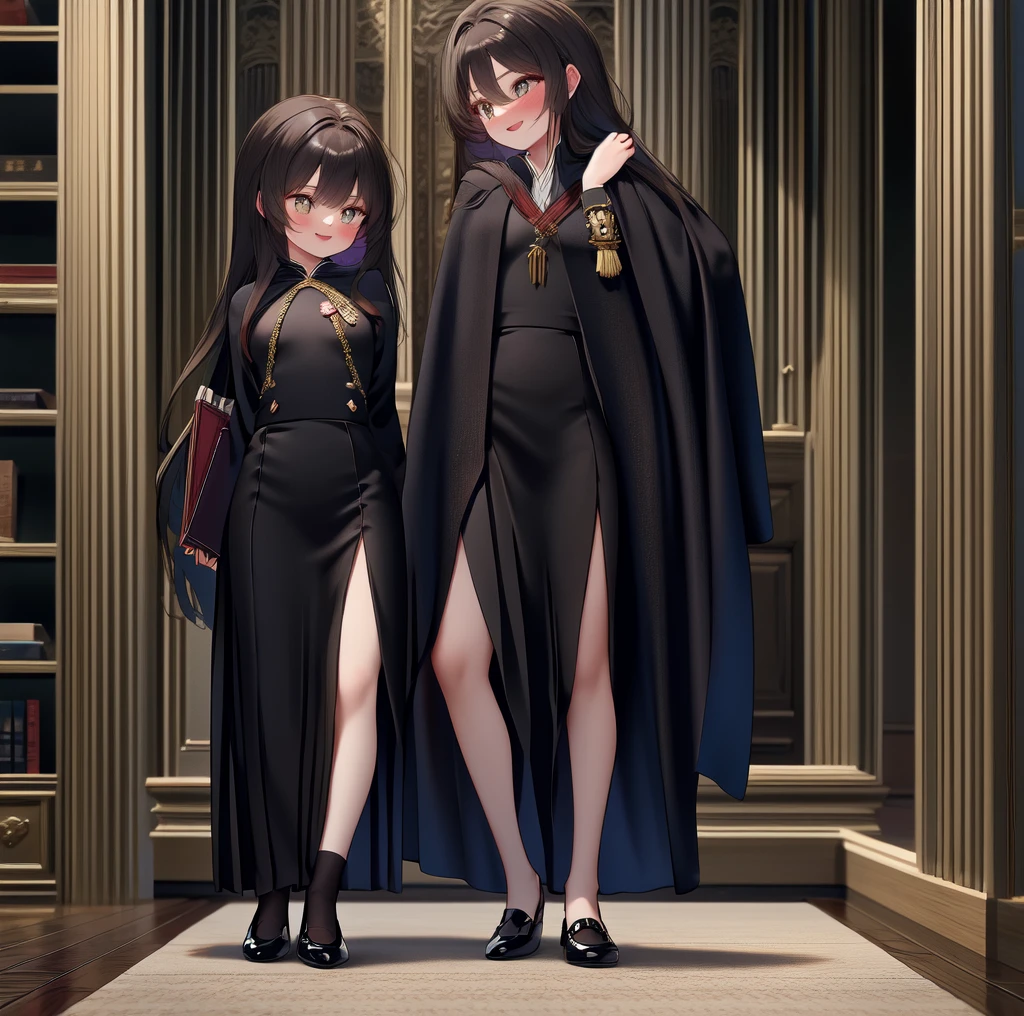 (ultra-detailed, best quality, anatomically perfect body), (small breast:1.3), shiny skin, (2 girls), (very cute:1.2), (castle room), (standing infront of each other:1.3), clean interior, (standing), ( gryffindor uniform, gryffindor emblem, black robe), (various long skirt:1.4), (flats, long hairstyle), various bag, leaning forward, (nose blush:1.1), (happy:1.3), (holding book), (smug), (looking at each other), (full body:1.1), from side, (worm's eye view from floor:1.2), (very Bright:1.2),