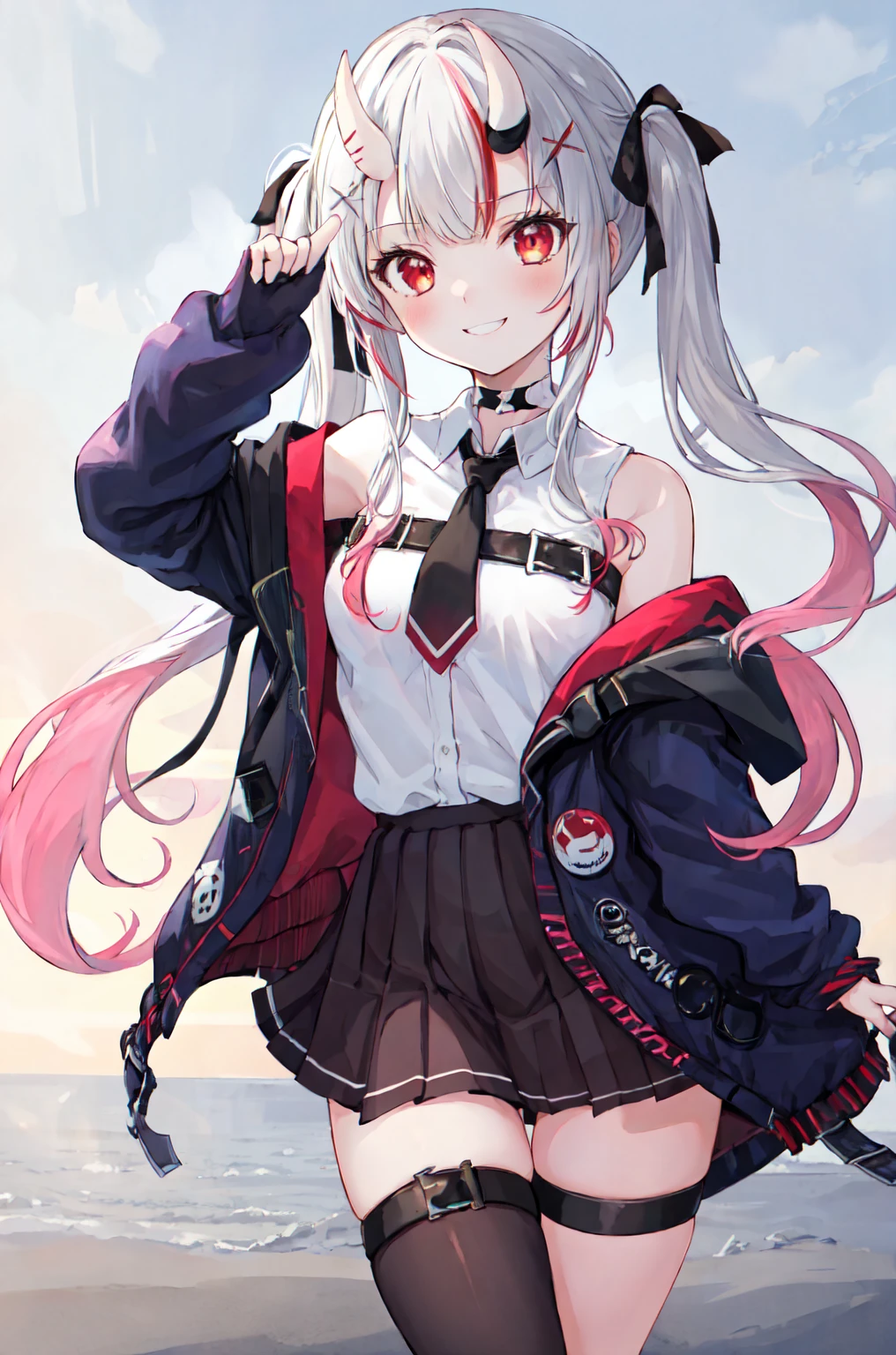 masterpiece, Highest quality, Absurd, Perfect Anatomy, One girl, alone, Nakiri Ayame, long hair, twintails, AyameCasual, white shirt, sleeveless shirt, black necktie, black skirt, pleated skirt, hair ribbon, x hair ornament, black thighhighs, thigh strap, black jacket, open jacket, off shoulder, black choker、smile、Fingers on cheek