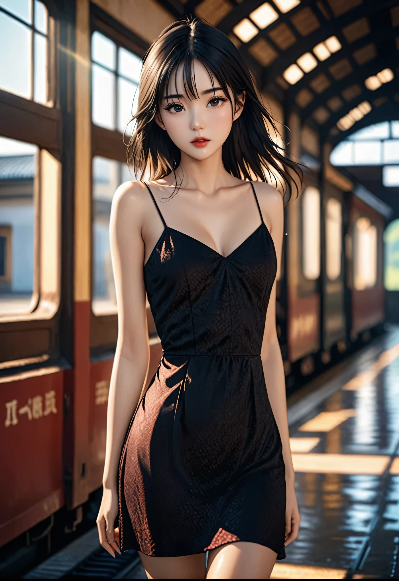 a girl，cute and pretty face，Long straight black hair，Long bangs covering eyes，long eyelashes，(Fine eyes)，small eyes，(half-closed eyes)，(Dark lipstick)，(Dark eyeshadow)，Slim body，Medium breasts，Slender limbs，spaghetti strap dress，Inside an old railway station，clean focus，shallow Depth of Field，Ultra-detailed faces，very beautiful face，Extremely high texture skin，Look to viewer，beautiful legs，seductive，femainine pose，(realistic ，realistic-photo，RAW photo，8K original)，lens flare，film grain，artistic photography，UHD，highres，masterpiece，retina，