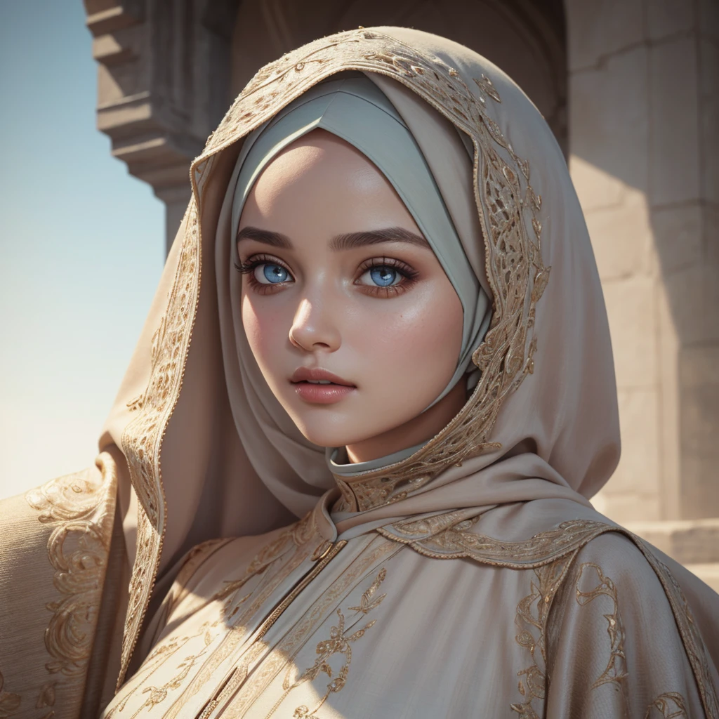 (RAW style, masterpiece, best quality, ultra-detailed) closed-up view , a beautiful hijab woman ((beautiful eyes)) wearing pastel color abaya , exquisite image boasts an ultra-realistic and ultra-detailed representation, with intricate details that capture the depth and nuance of every feature. The depth of field is expertly rendered, adding a sense of dimension and texture to the scene. Octane renders bring out the ultra-definition in the (skin texture, film grain), imbuing the image with a cinematic feel that is further enhanced by the cinematic light, which bathes the girl's face in sidelighting. The ultra high