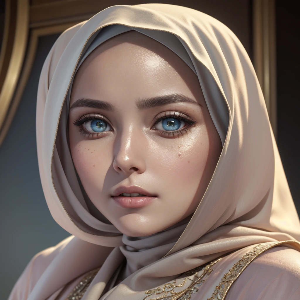 (RAW style, masterpiece, best quality, ultra-detailed) closed-up view , a beautiful hijab woman ((beautiful eyes)) wearing pastel color abaya , exquisite image boasts an ultra-realistic and ultra-detailed representation, with intricate details that capture the depth and nuance of every feature. The depth of field is expertly rendered, adding a sense of dimension and texture to the scene. Octane renders bring out the ultra-definition in the (skin texture, film grain), imbuing the image with a cinematic feel that is further enhanced by the cinematic light, which bathes the girl's face in sidelighting. The ultra high