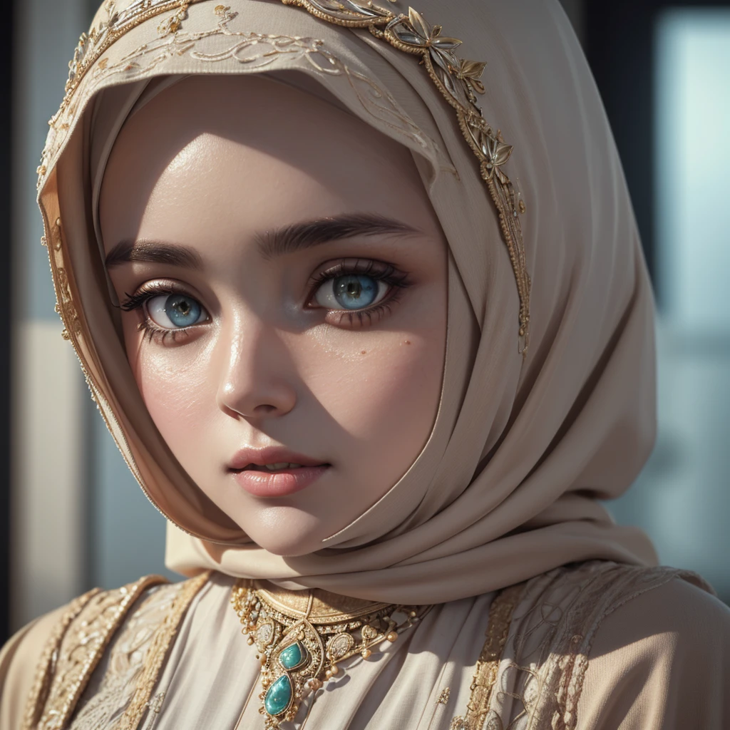 (RAW style, masterpiece, best quality, ultra-detailed) closed-up view , a beautiful hijab woman ((beautiful eyes)) wearing pastel color abaya , exquisite image boasts an ultra-realistic and ultra-detailed representation, with intricate details that capture the depth and nuance of every feature. The depth of field is expertly rendered, adding a sense of dimension and texture to the scene. Octane renders bring out the ultra-definition in the (skin texture, film grain), imbuing the image with a cinematic feel that is further enhanced by the cinematic light, which bathes the girl's face in sidelighting. The ultra high