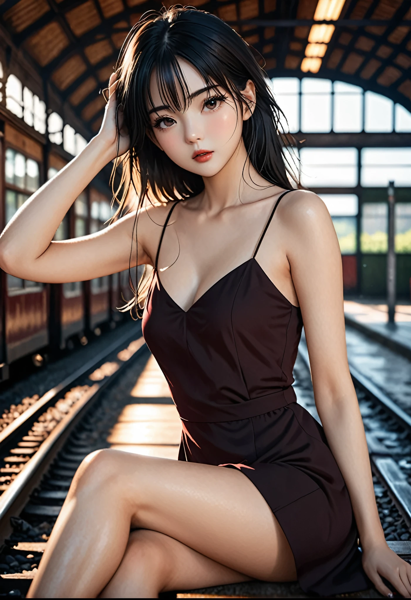 a girl，cute and pretty face，Long straight black hair，Long bangs covering eyes，long eyelashes，(Fine eyes)，small eyes，(half-closed eyes)，(Dark lipstick)，(Dark eyeshadow)，Slim body，Medium breasts，Slender limbs，spaghetti strap dress，Inside an old railway station，clean focus，shallow Depth of Field，Ultra-detailed faces，very beautiful face，Extremely high texture skin，Look to viewer，beautiful legs，seductive，femainine pose，(realistic ，realistic-photo，RAW photo，8K original)，lens flare，film grain，artistic photography，UHD，highres，masterpiece，retina，