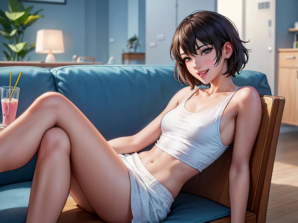 high quality, Makoto Shinkai style, detailed facial details, bright colors, 4K, (solo:1.4), a beautiful 18-year-old woman with short hair, wearing a white tank top and white miniskirt. She is sitting at a dining table in a modern living room, using an iPad. A Wi-Fi router is on the table. She is laughing with her mouth open and looking at the camera. The room is decorated with abstract art.