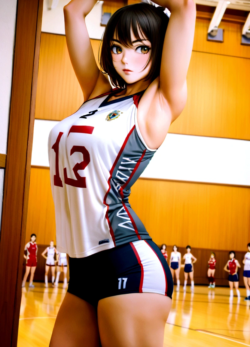 arafed woman in a volleyball uniform posing for a picture, wearing a volleyball jersey, sporty physique, chiho ashima, Nishimiya Shoko, yoko matsugane as Mai Shiranui, erika ikuta, volleyball, Yuki Morita, Sports bra and shirt, An athletic body, For whom?, sporty, Indoor shooting