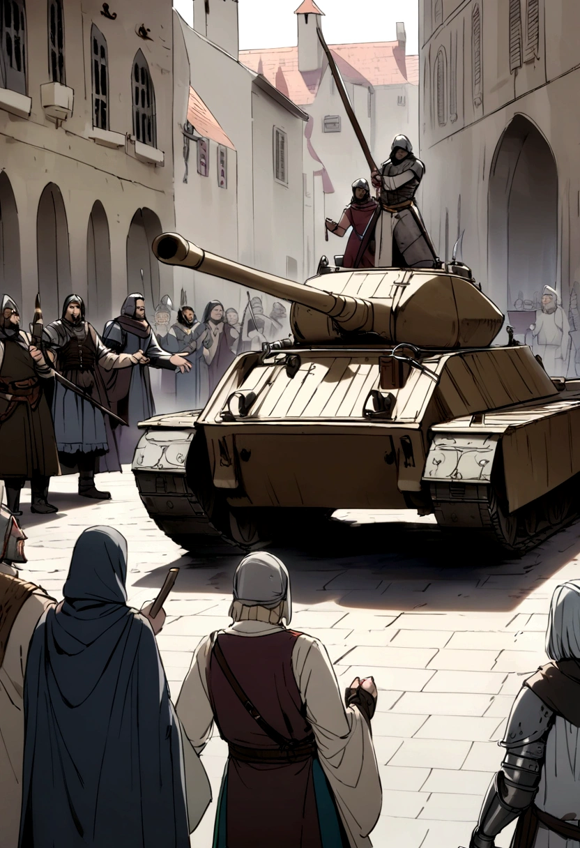 Medieval people reacting to a modern tank