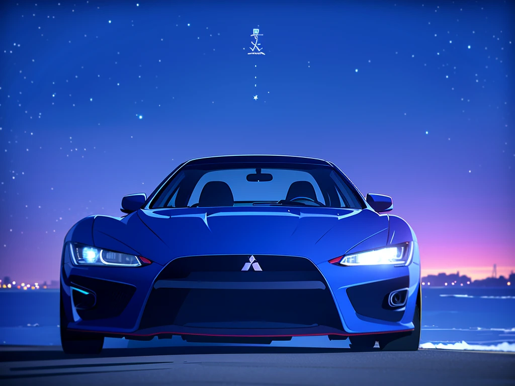 movie poster style, a long black-haired Japanese woman in casual all-blue clothes standing next to her glossy blue mitsubishi lancer evolution with Japanese art decals and plates name *KEY*, a beach setting against the backdrop of city lights at a beautiful night full of stars, a picture inspired by the realistic synthwave style, very detailed and intricate details, a picture with a cinematic style, vector style traits, masterpiece, 64K.