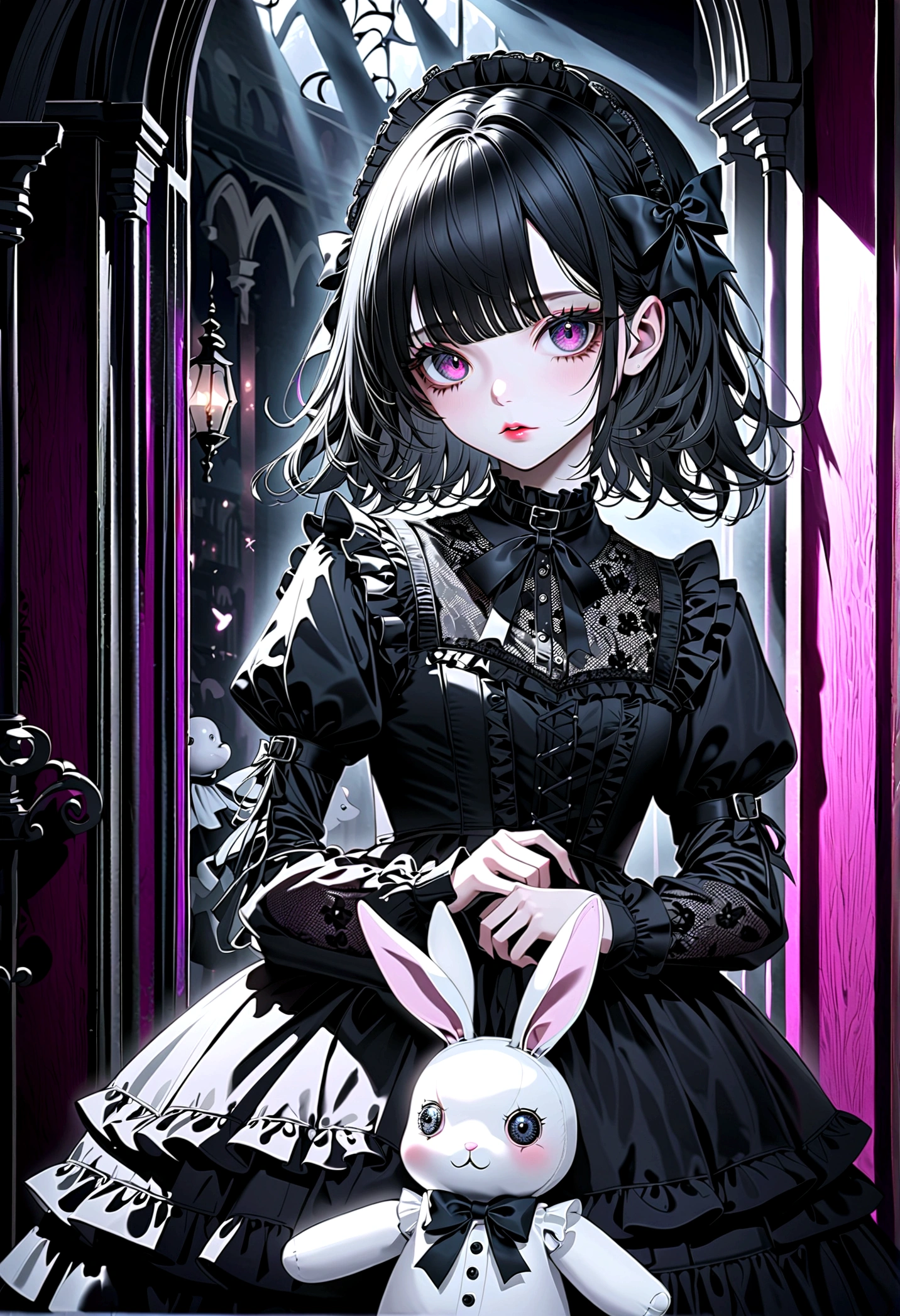 a gothic lolita girl,pale skin,red lips,long eyelashes,large eyes,porcelain doll-like face,intricate black lace dress,ruffles,bows,high collar,long black hair,white rabbit plush,haunting gaze,dark fairy tale,dramatic lighting,moody atmosphere,cinematic,highly detailed,masterpiece,photorealistic