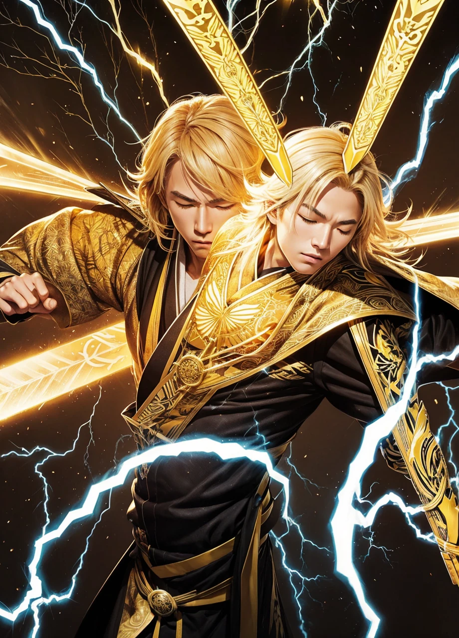 Golden Hair、Yellow kimono、thunder、lightning、Triangular pattern、Holding a sword、Eyes closed、male
