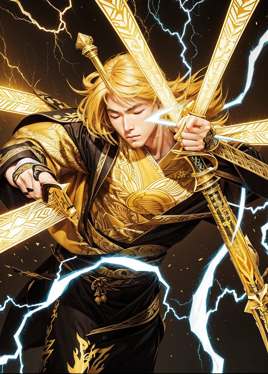 Golden Hair、Yellow kimono、thunder、lightning、Triangular pattern、Holding a sword、Eyes closed、male