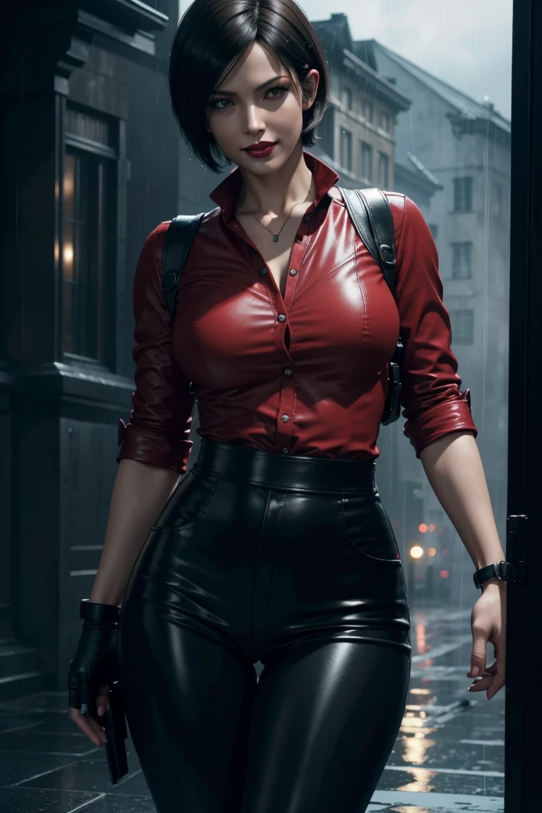 Resident Evil 6,Ada,Short Hair,Red Shirt,Stand up your collar,Black Leather Pants,Photorealistic,Ultra HD,high quality,masterpiece,Digital SLR,Detailed details,Intricate details,Anatomical basis,Depicted in detail,A detailed face,Realistic skin texture,Vivid details,Perfect Anatomy,Perfect Anatomy,Anatomically correct hand,Anatomically correct fingers,Super Detail,Complex 3D rendering,Sexy pose,Rainy Sky,Beautiful scenery,Fantastic rainy sky,Picturesque,Red Lip,smile,