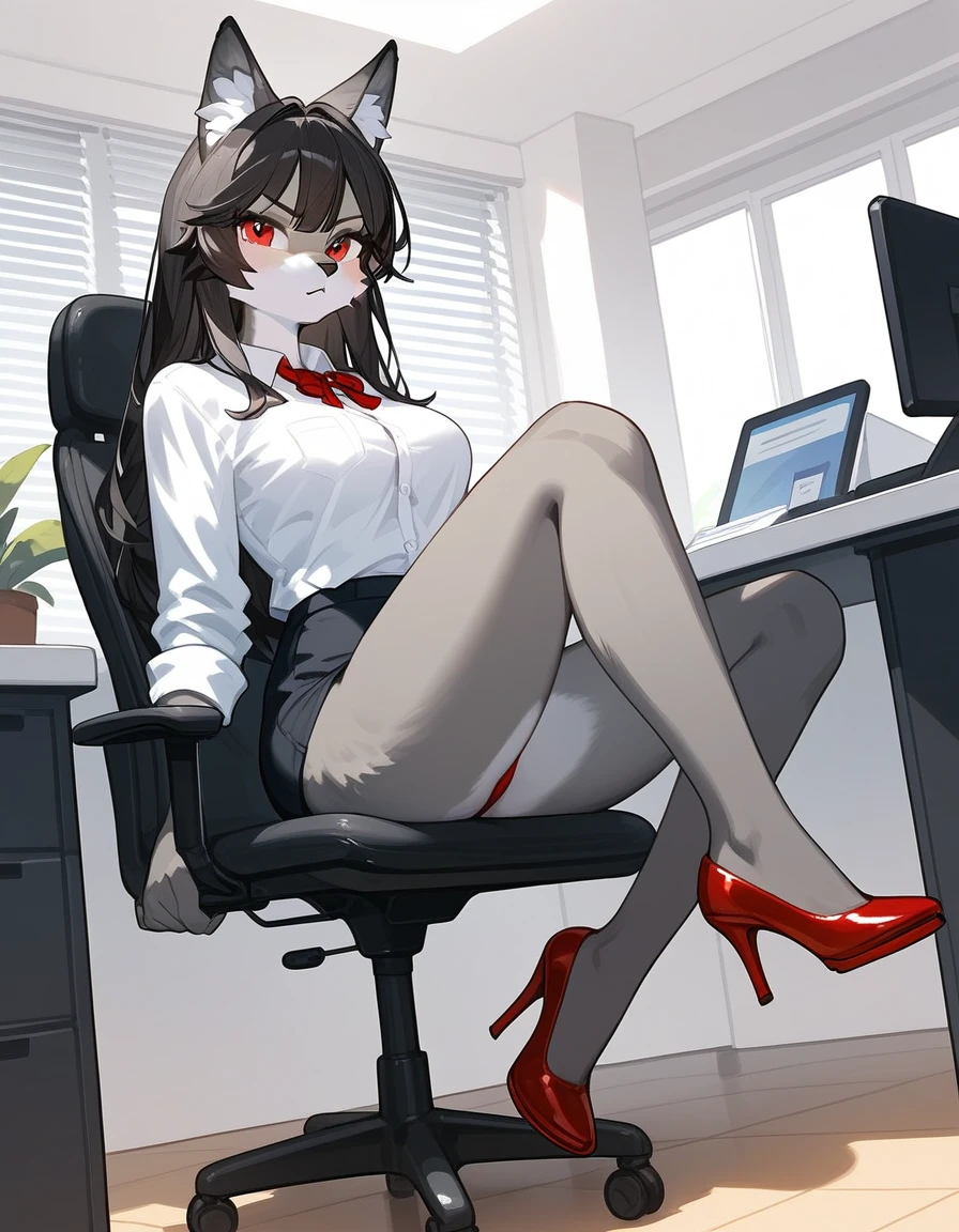 , score_9,score_8_up,score_7_up, source_furry, an anthro furry wolf girl, long black hair, straight hair, red eyes, cute snout, black nose, all dark grey furry body, tall, medium breasts, wearing white shirt, red thong, black short skirt, sitting on an office chair, indoors, her she has a serious expression, red heels