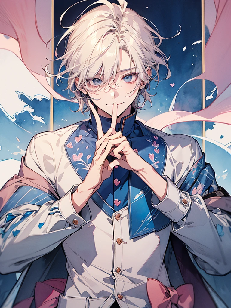 clear line drawing, transparent watercolor, clear shading, beautiful young man, slim,finger heart, Fashionable everyday wear, convey love, inner strength, ❤️, loves it,high quality, Amount to draw, pixiv illustration,smile, {{{man make heart symbol with fingers,make heart symbol with index fingers and middle fingers}}},