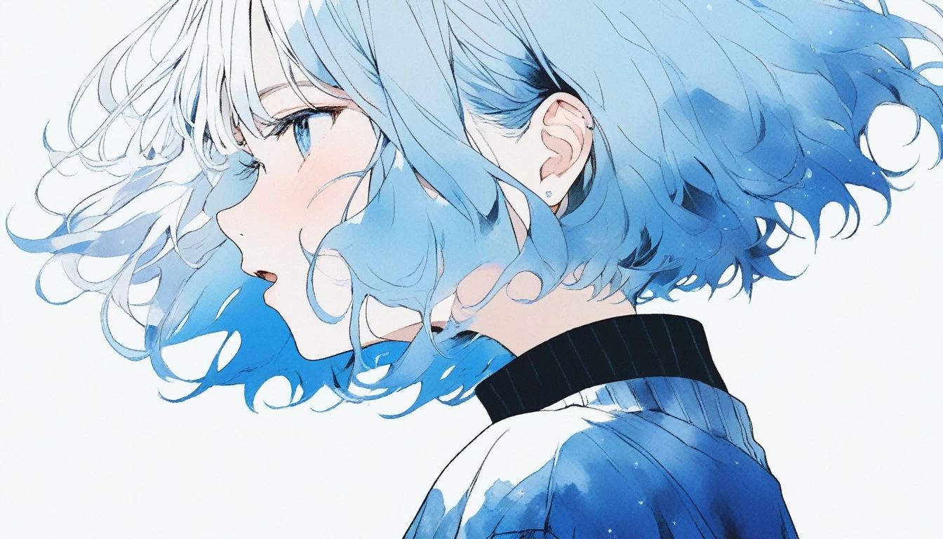 Illustrator, anime , Realistic ,sketch , Abstract sunshine background、Body、1 girl, ,Looking up at the sky, I scream、lip, sweater,order, White gradient background, Blue Hair,Short Bob、blackｔshirt、Textured Trim, Canadian, (masterpiece,Highest quality) Cancer