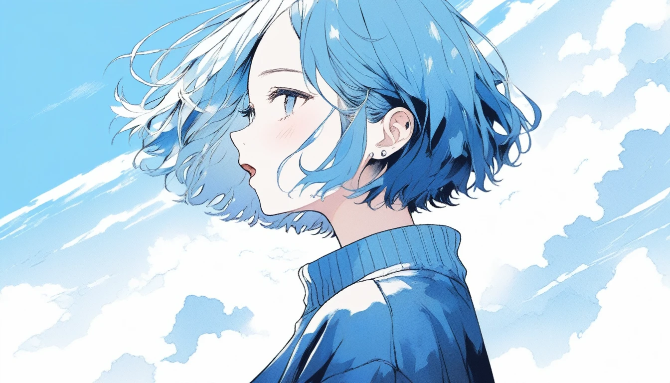 Illustrator, anime , Realistic ,sketch , Abstract sunshine background、Body、1 girl, ,Looking up at the sky, I scream、lip, sweater,order, White gradient background, Blue Hair,Short Bob、blacktshirt、Textured Trim, Canadian, (masterpiece,Highest quality) Cancer