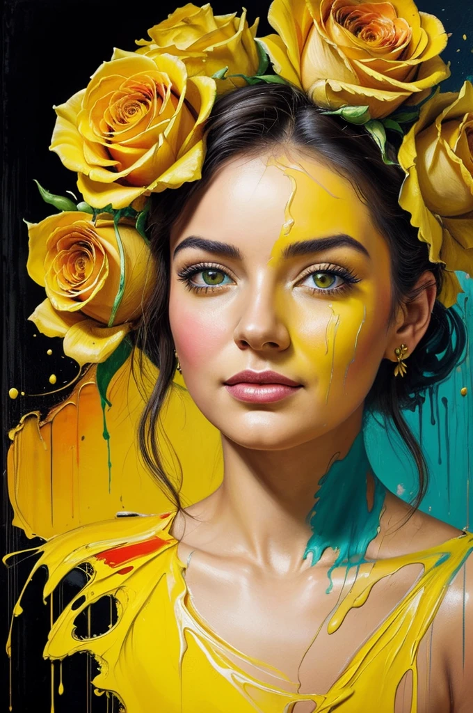 Beautiful old girl with a bouquet of yellow roses in her hands.! The magic of creating masterpieces of portrait art ! All paint colors, poured onto canvas, magically move and mix., turning into a stunningly beautiful portrait ! thick . bright and contrasting colors are simply amazing . our imagination is the creation of a masterpiece in the style of Alberto Seveso !