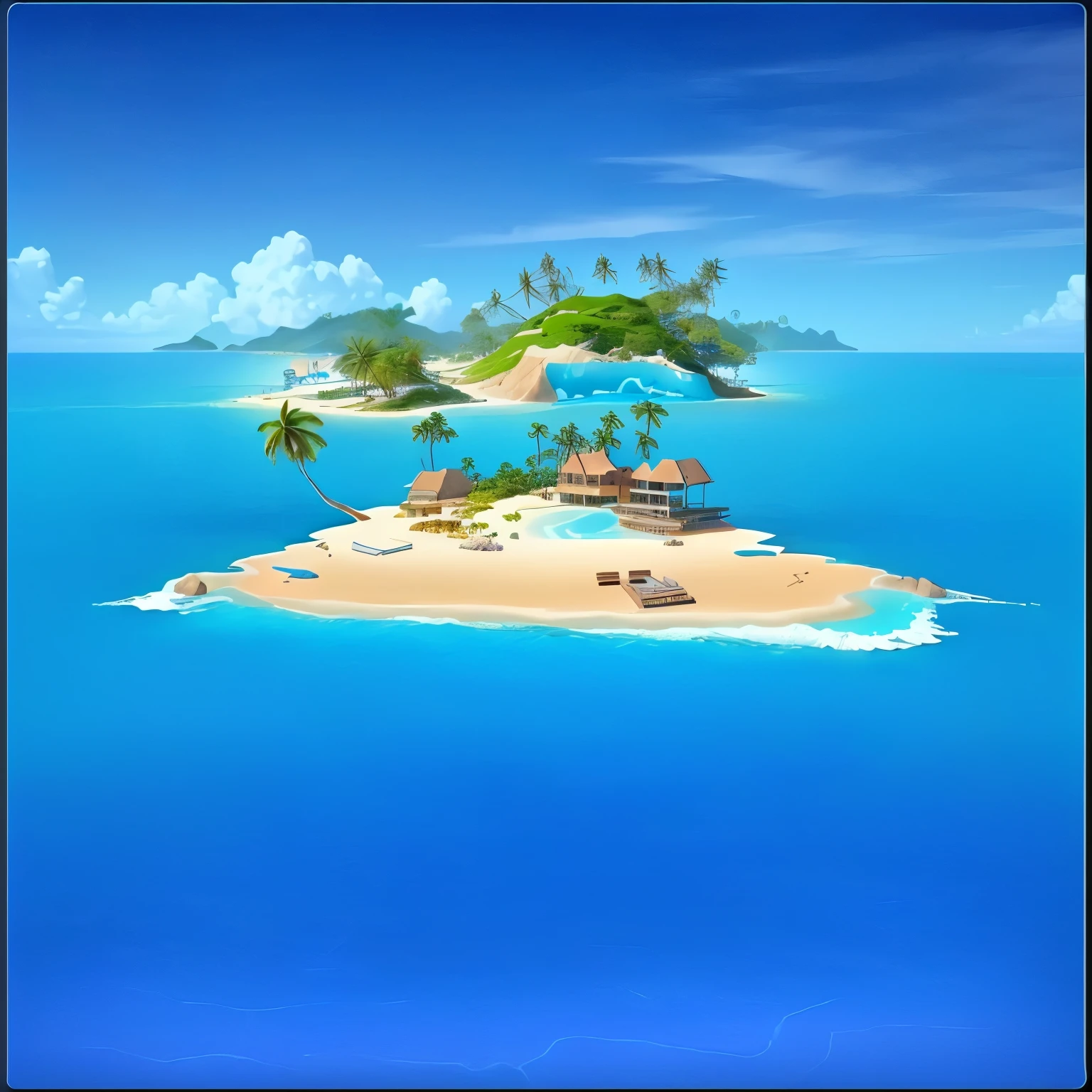 Cartoon island on blue ocean，There is a sign on the island saying Happy Island and palm trees, Island Background, Tropical Islands, Islands in the background, Beach Background, magical island,Scattered Islands, On the tropical beach, an island, Official screenshots, Tropical Beach Paradise, floating and flying island