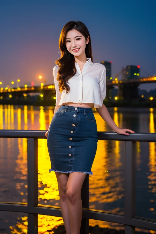 A gorgeous young lady in a short ponytail, wearing a high , standing by the Han River and smiling, photorealistic, hyper-realistic style, beautiful detailed eyes, high contrast, ultra HD quality, realistic skin textures, fine details, sexy pose, well-endowed figure, blurred night sky background, head to knee