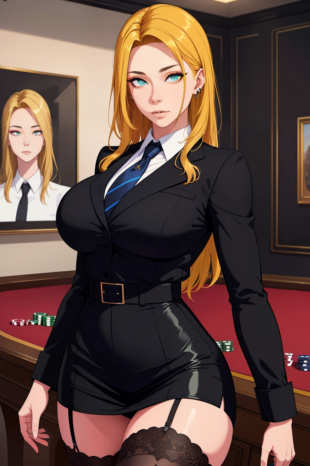 (masterpiece, highres, best quality:1.2), 8K, highly detailed, intricate, colorful, vibrant image, sharp focus, cinematic)  blonde hair, long hair, green eyes, body builder (Wearing black business outfit, black_collared shirt cropped jacket ,tie,necktie,black frilled skirt, garter straps, leather waist belt) (big perfect round breasts,hourglass body, thin waist,very thin waist, Photo realistic,(hyperrealistic:1)beautiful, masterpiece, best quality, extremely detailed face,perfect face,beautiful face, perfect lighting,detailed eye makeup, detail face, nice detailed eyes,nice hands, perfect hands,glowing eyes (realistic pupils,realistic iris:1) heavy eye makeup,(empty Casino)(Posing dynamically)