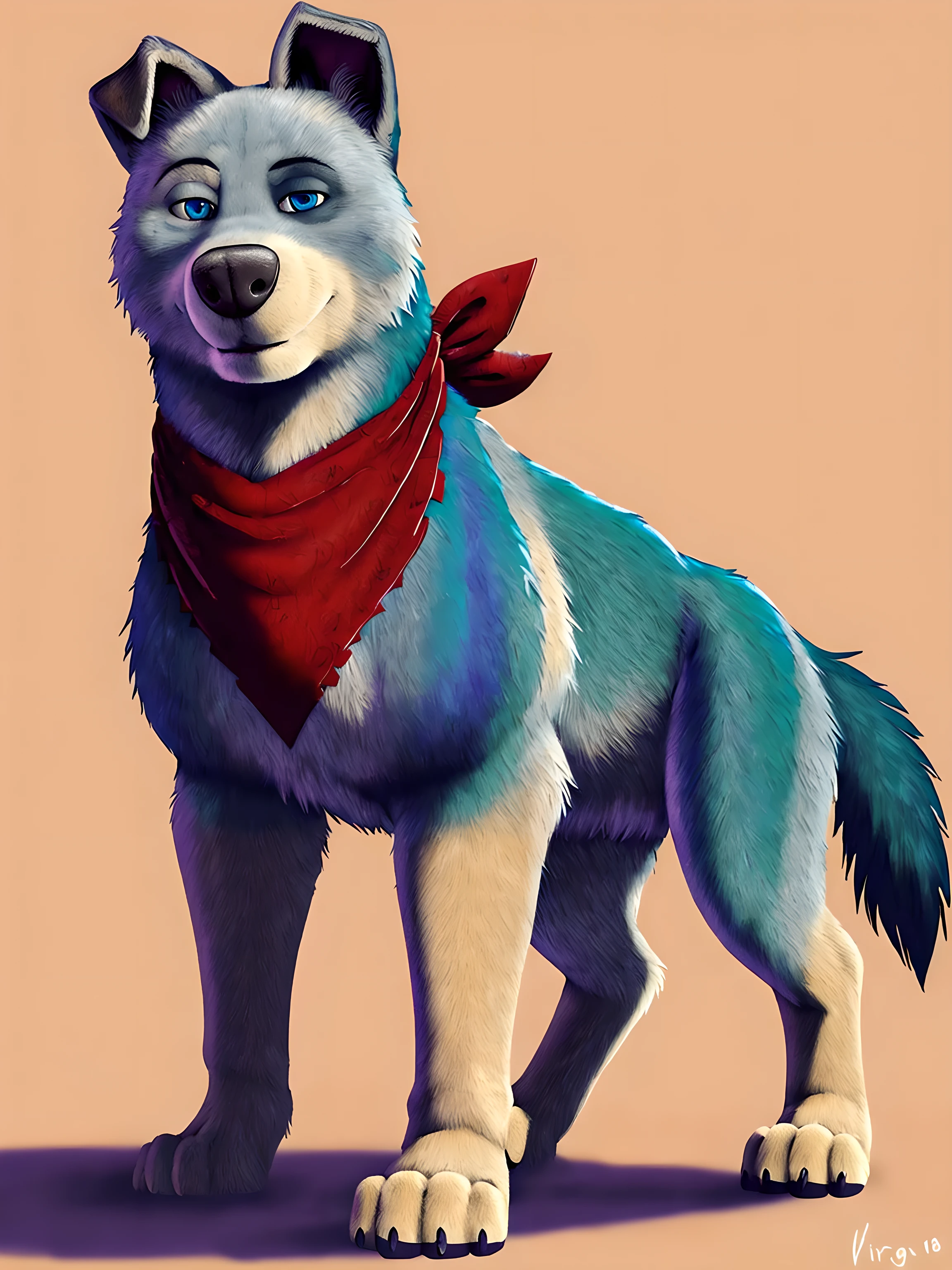 roger (pets united), dog, feral, male, blue fur, white fur, folded ear:1.1, black around eye:1.1, high quality, best resolution, blue fur, detailed fur, bandana, blue eyes, detailed eyes, glinting eyes, feral, simple background, full body, beige paws, standing, by virtyalfobo, by marjani, by negger, round eyes