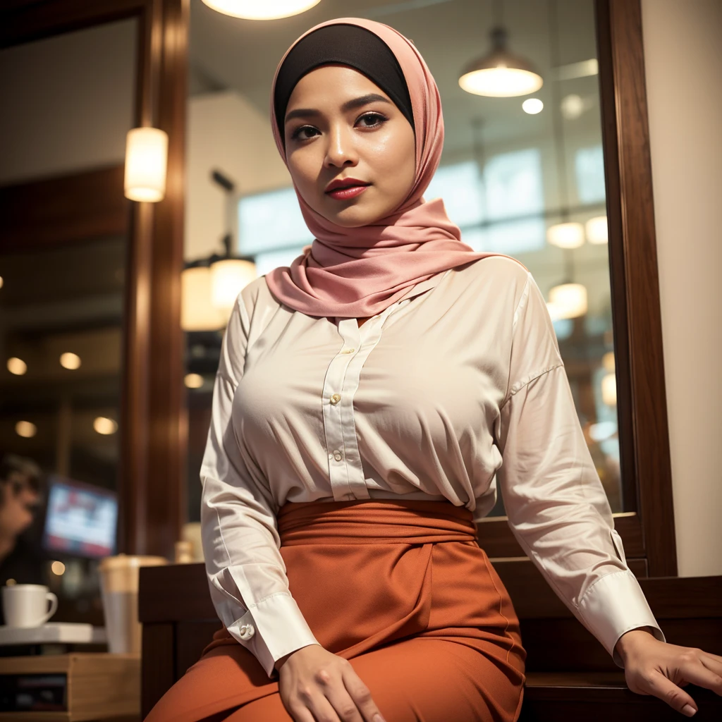 Half body portrait of a 33 years old malay woman sit in front of giant mirror, wearing hijab, wearing peach blouse with satin green slack, narrow waist, indoor shot, looking up at coffee shop sign, soft lighting, smirk face, circle bokeh , big breast, catwalk, morningtime, surrounded by a comfortable, cool atmosphere, looking at the viewer. (Skin details:1.3), hairy hands, Hijab, slim, red lips, seductive with bokeh camera background
