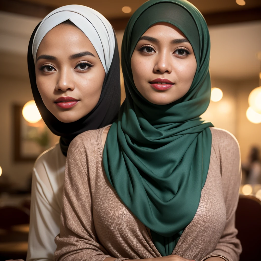 Half body portrait of a 33 years old malay woman sit in front of giant mirror, wearing hijab, wearing peach blouse with satin green slack, narrow waist, indoor shot, looking up at coffee shop sign, soft lighting, smirk face, circle bokeh , big breast, catwalk, morningtime, surrounded by a comfortable, cool atmosphere, looking at the viewer. (Skin details:1.3), hairy hands, Hijab, slim, red lips, seductive with bokeh camera background