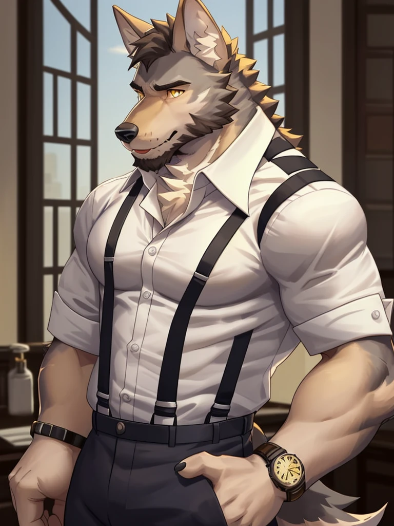 william adler, solo, shirt, 1boy, white shirt, upper body, male focus, collared shirt, pants, looking to the side, suspenders, pectorals, sleeves rolled up, watch, wristwatch, wolf ears, beard, yellow eyes, detailed eyes