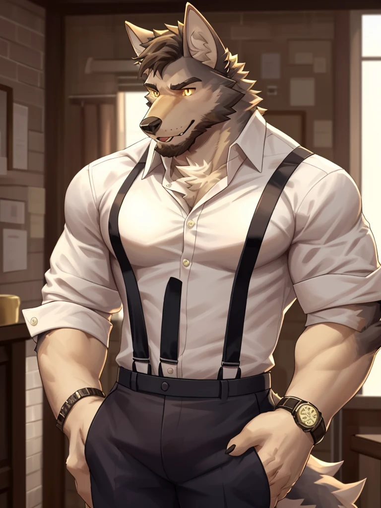 william adler, solo, shirt, 1boy, white shirt, upper body, male focus, collared shirt, pants, looking to the side, suspenders, pectorals, sleeves rolled up, watch, wristwatch, wolf ears, beard, yellow eyes, detailed eyes