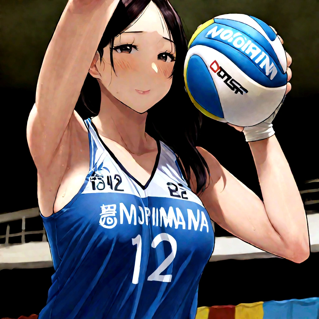 Arabian female volleyball player holding ball in hand, Wearing a volleyball jersey, Kazue Kato, chiho ashima, Ogata Aoi, erika ikuta, marin kitagawa, Gemma Chen, Nishimiya Shoko, Yuki Morita, Nishihara Isao, Kotegawa Yui, Chiho Aoshima, What is the point?？