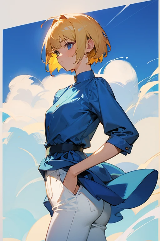 Golden hair, short hair, female, wearing a blue dress, white pants. 