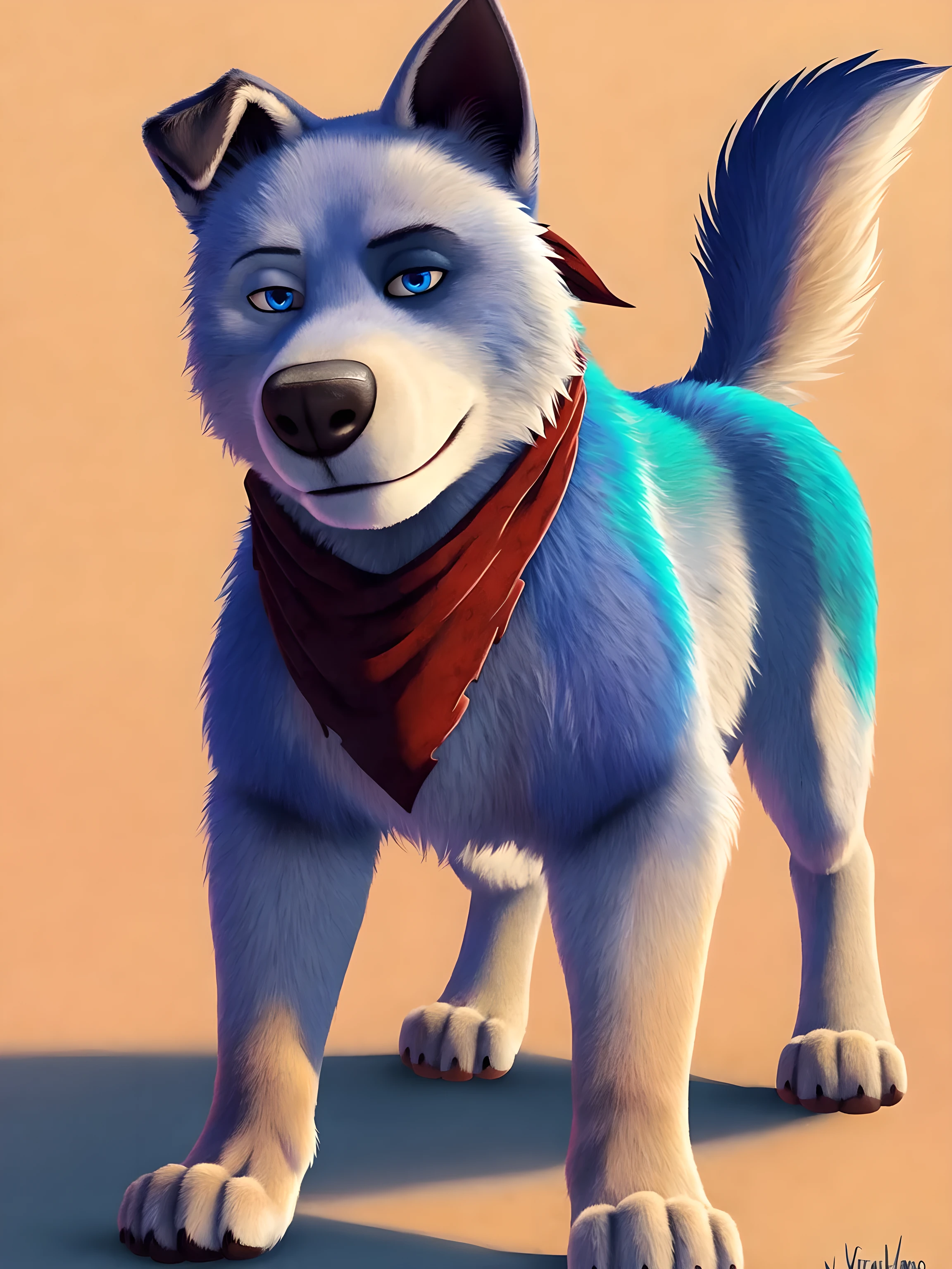 roger (pets united), dog, feral, male, blue fur, white fur, folded ear:1.1, black around eye:1.1, high quality, best resolution, blue fur, detailed fur, bandana, blue eyes, detailed eyes, glinting eyes, feral, simple background, full body, beige paws, standing, by virtyalfobo, by marjani, by negger, round eyes