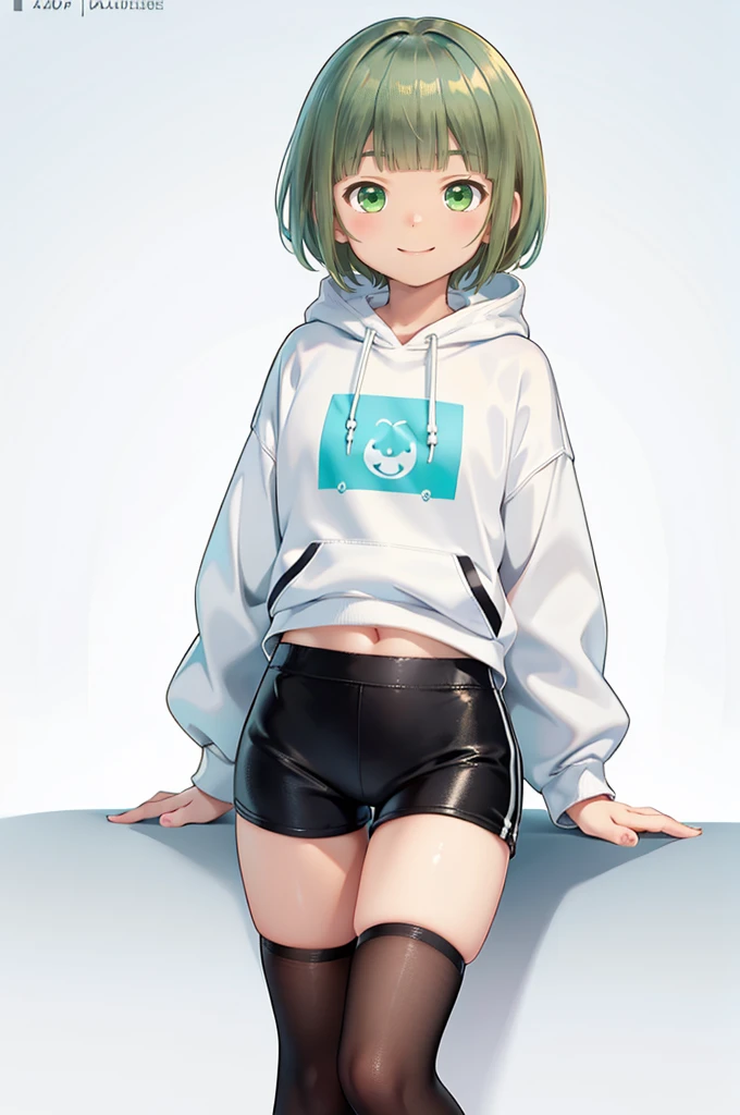 delicate、detailed、high quality、high resolution、4K、high quality、Turquoise Eyes、Short Mash Hair、Short Hair、Blonde Hair Color、Turquoise Eyes、White hoodie、Black hot pants、Black sneakers、, Low length,Thin thighs,small, Portraiture, girl,brown, Happy, small,