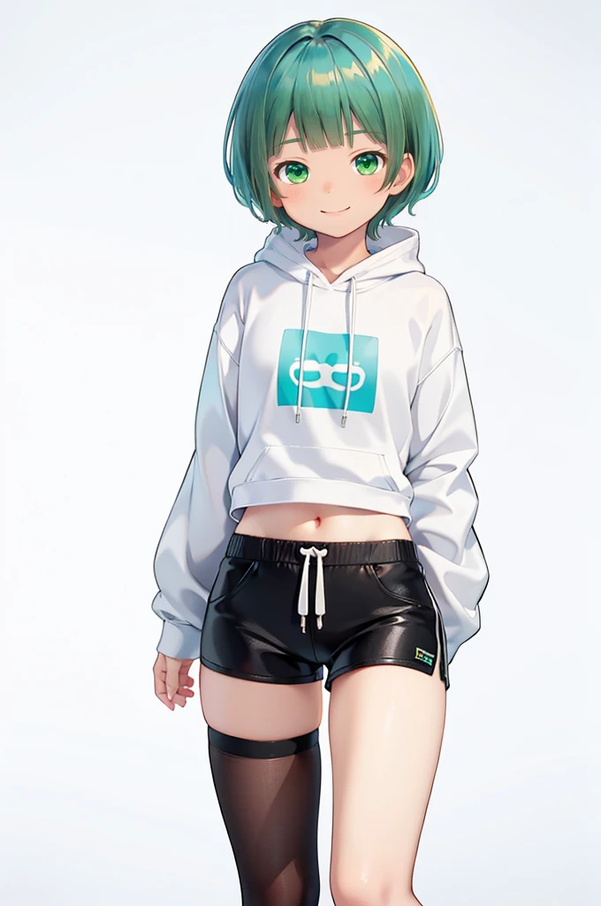 Turquoise Eyes、delicate、detailed、high quality、high resolution、４K、high quality、Turquoise Eyes、Short Mash Hair、Short Hair、Blonde Hair Color、Turquoise Eyes、White hoodie、Black hot pants、Black sneakers、, Low length，Thin thighs，small, Portraiture, girl，brown, Happy, small, 