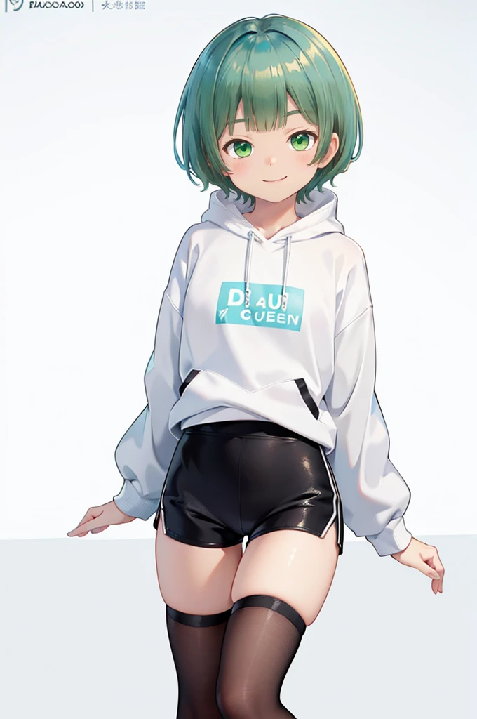 Turquoise Eyes、delicate、detailed、high quality、high resolution、４K、high quality、Turquoise Eyes、Short Mash Hair、Short Hair、Blonde Hair Color、Turquoise Eyes、White hoodie、Black hot pants、Black sneakers、, Low length，Thin thighs，small, Portraiture, girl，brown, Happy, small, 