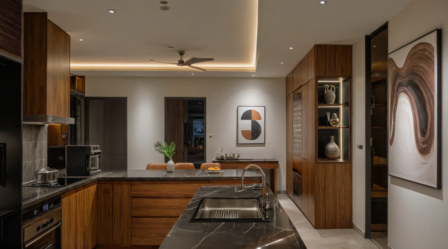 Raw photo,Masterpiece, high quality, best quality, authentic, super detail, interior, indoors, dinning room, kitchen room, style Indochine modern, minimalist line, aiaigroup , wooden, walnut veneer wood, led light, white paint wall, sofa