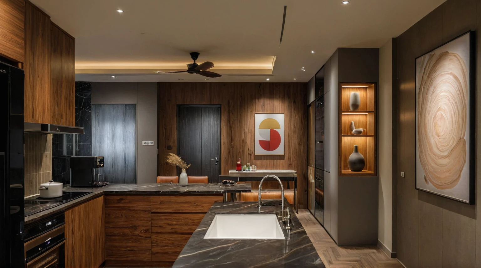 Raw photo,Masterpiece, high quality, best quality, authentic, super detail, interior, indoors, dinning room, kitchen room, style Indochine modern, minimalist line, aiaigroup , wooden, walnut veneer wood, led light, white paint wall, sofa
