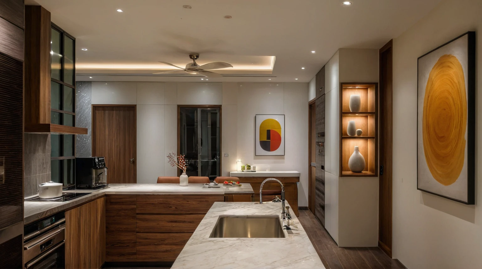 Raw photo,Masterpiece, high quality, best quality, authentic, super detail, interior, indoors, dinning room, kitchen room, style Indochine modern, minimalist line, aiaigroup , wooden, walnut veneer wood, led light, white paint wall, sofa