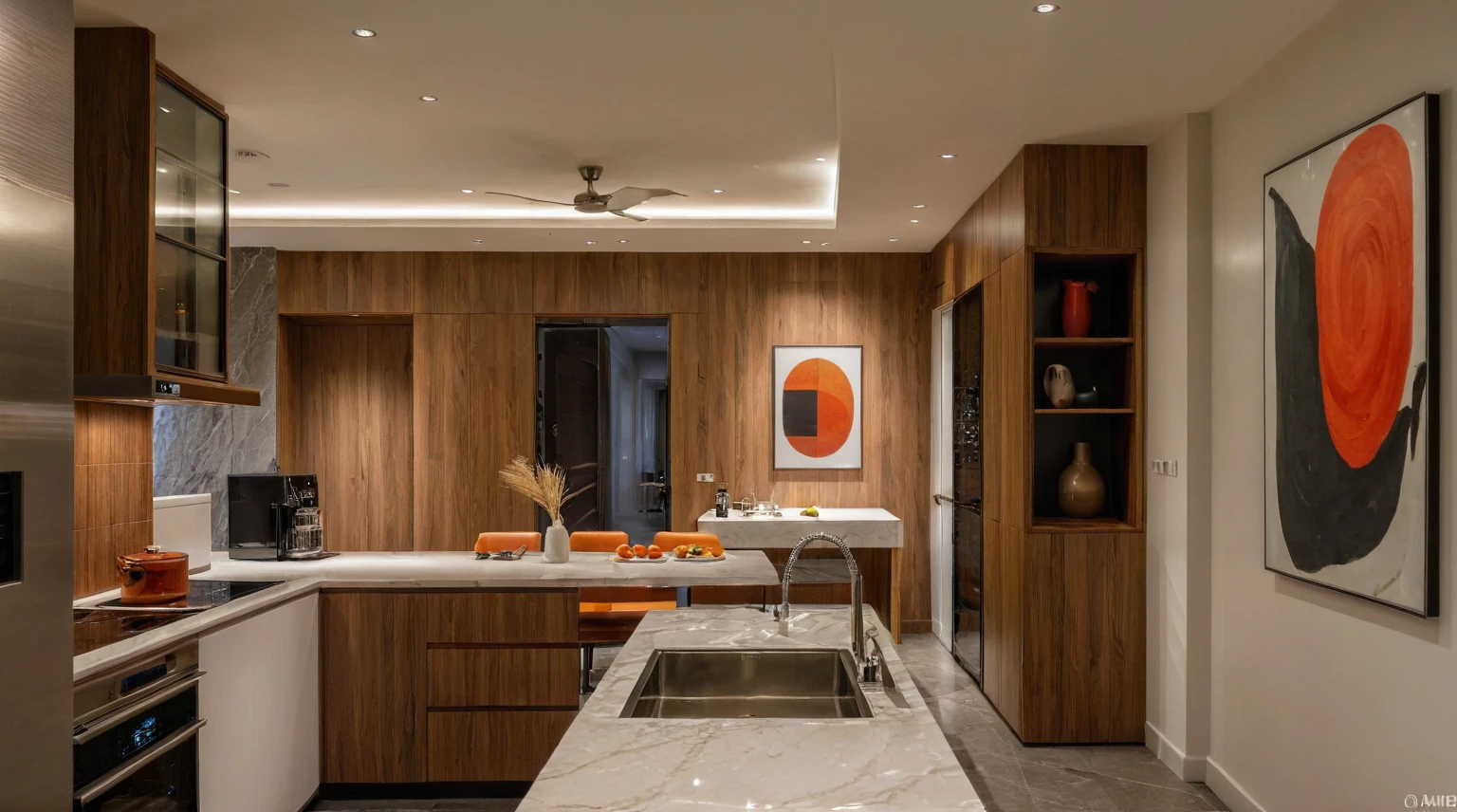 Raw photo,Masterpiece, high quality, best quality, authentic, super detail, interior, indoors, dinning room, kitchen room, style Indochine modern, minimalist line, aiaigroup , wooden, walnut veneer wood, led light, white paint wall, sofa