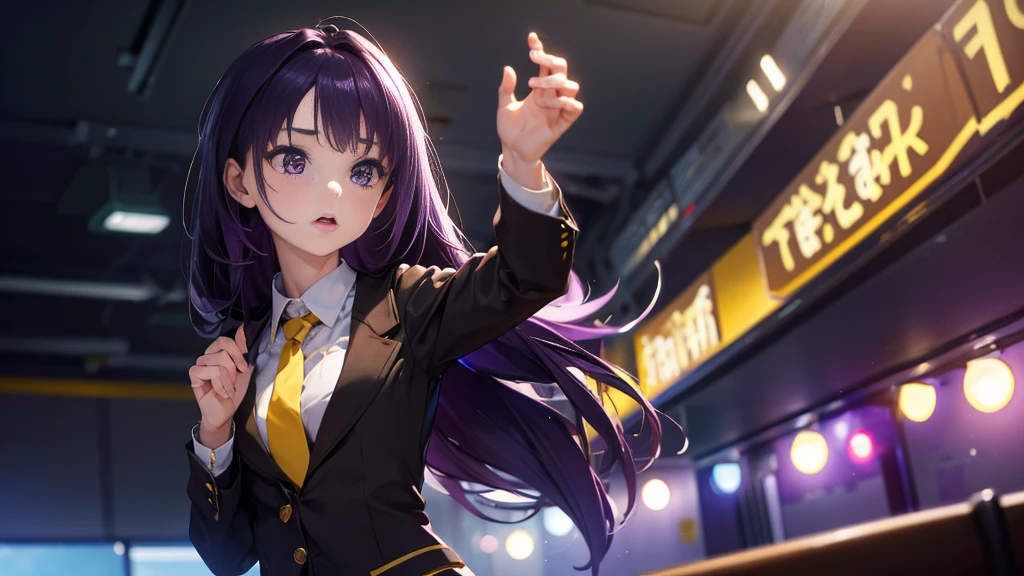 Best picture quality, 8K, high quality, masterpiece:1.2), ((masterpiece)), (great detail, high quality, best picture quality), bokeh, DOF, Portrait, open stance, purple hair long hair, in black, standing, round face, in  with a yellow tie, singing in the classroom