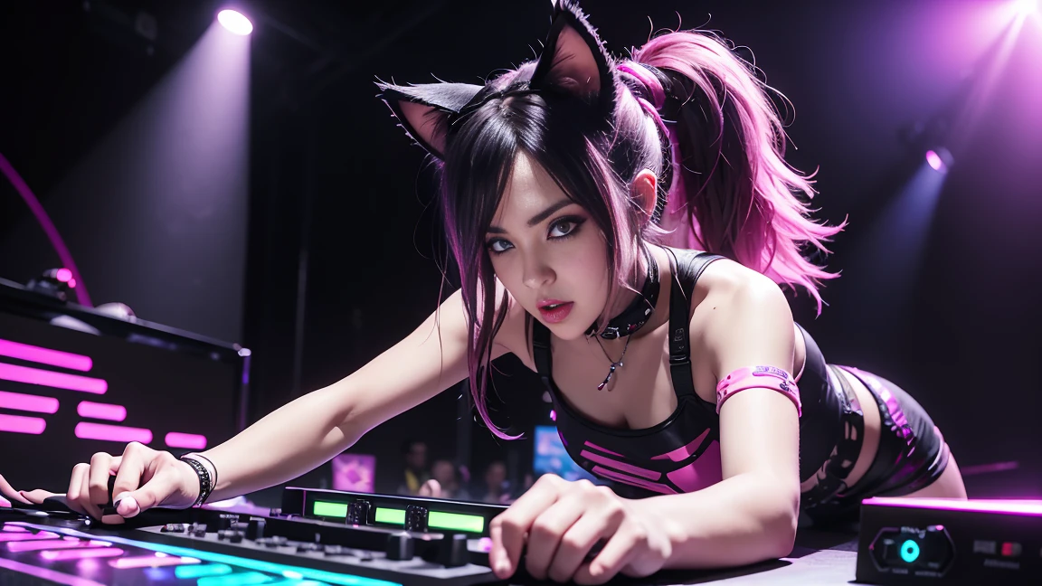 arafed woman in a black top and pink shorts playing a game of dj, cyber punk setting, raver girl, rave girl, girl with cat ears at a rave, dj rave party, dj at a , nightclub dancing inspired, playing techno house music, turntablism dj scratching, cyberpunk 2 0 y. o model girl, rave outfit, fanart