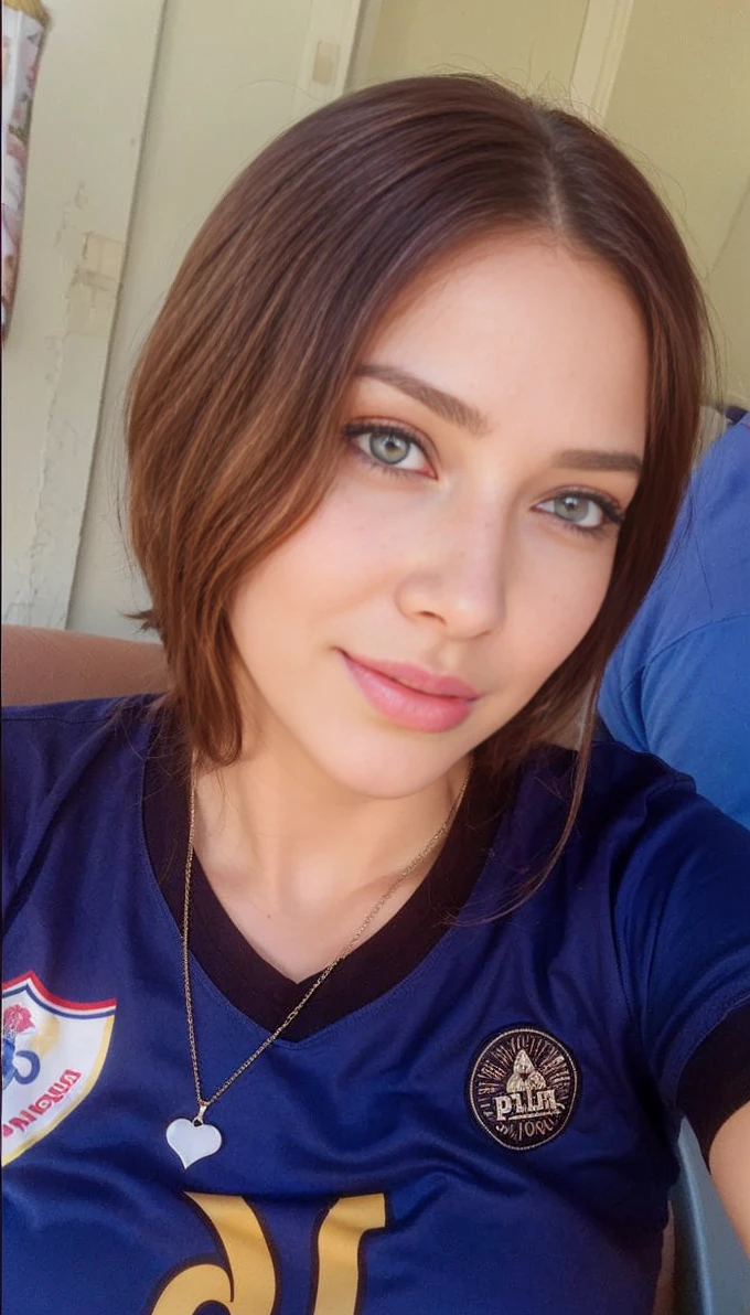 A hot american woman, natural makeup, long legs, messy bun blonde hair, (plump body, sagging breasts, braless), ((casual white tight shirt with o-neck, jersey, loose, jersey, short-sleeve), (blue short pant)), pushes chest, show armpit, full body, front view, at living room, dynamic light, dynamic angle, perspective, candid
