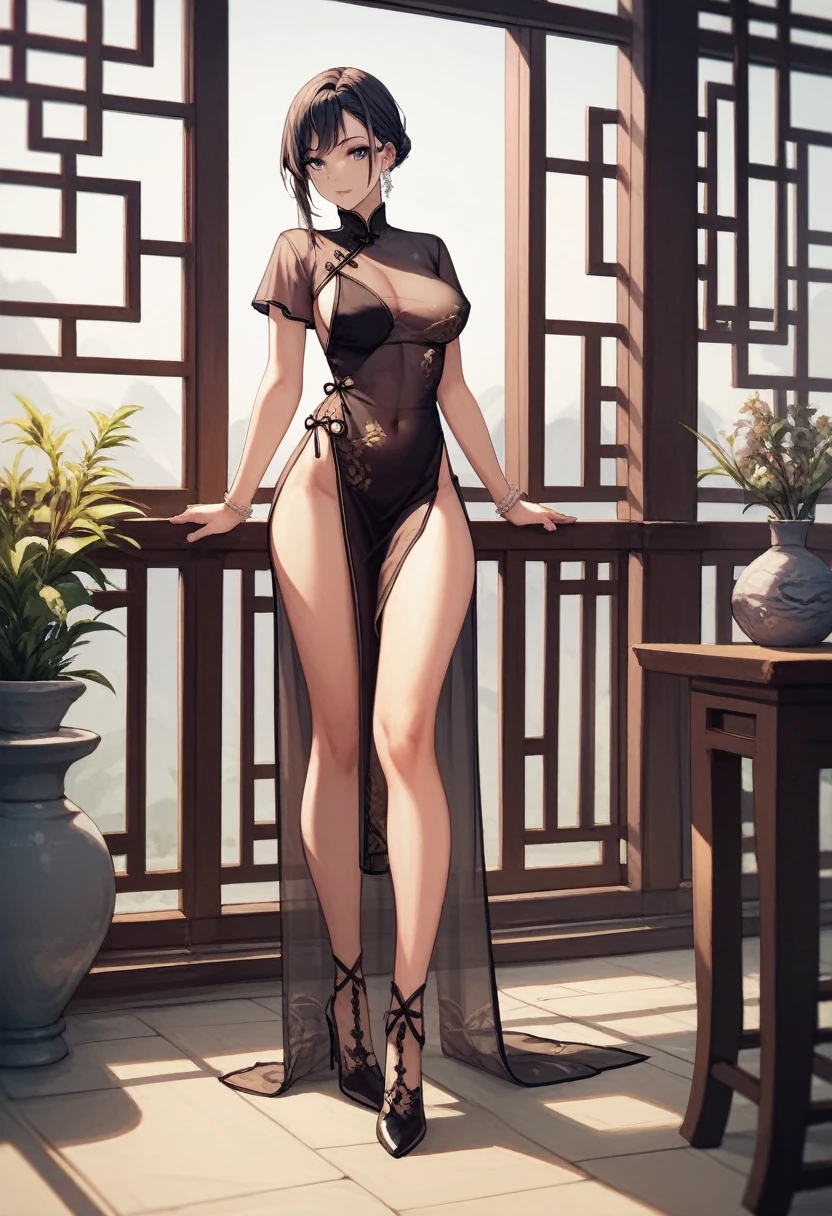 score_9, score_8_up, score_7_up, rating_questionable, 1woman, black evening dress, very low cut, perfect breasts, knee high boots, high heels, ruanyi0325, see-through dress, pelvic curtain, side slit, bottomless, short sleeves, china dress