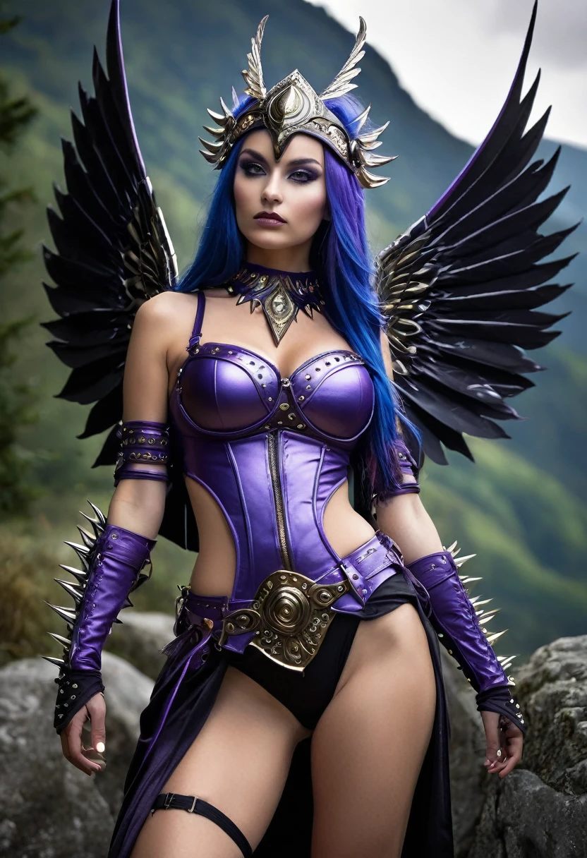 (Meisterwerk, top quality, best quality, offizielle Kunst, beautiful and aesthetic:1.2), (1 girl:1.3), ((sharp facial features, Scharfe Funktionen, Restriktive Merkmale)), ((langes schwarzes Haar)), (((pale violette Haut, pale blaue Haut, blaue Haut, violette Haut))), large, neat gothic girl, extrem detailliert, portrait, Betrachter betrachten, Allein, (Full body:0.6), detailed Hintergrund, Nahaufnahme, (kaltes Nachtbergthema:1.1), Dark Elf War Dancer, (spiky winged headdress), Scharlatan, Grinsen, geheimnisvoll, in den Bergen schwanken, knappe Kleidung, revealing gladiator costume, Ebenholz Metall, Goldfiligran, goldener Bikini, Reif, Motorhaube, metallischer Bikini, lange Stiefel, Doppelmesser, violetter Stoff, schwarzes Leder, ((((huge breasts, Dekollete, Hauteinkerbung)))), cute belly button, straffer Bauch, Schlanke Taille, slim hips, Lange Beine, mittelalterlich (Mountain outside:1.1) Hintergrund, dark geheimnisvoll lighting, Schatten, magical atmosphere, dutch angle
