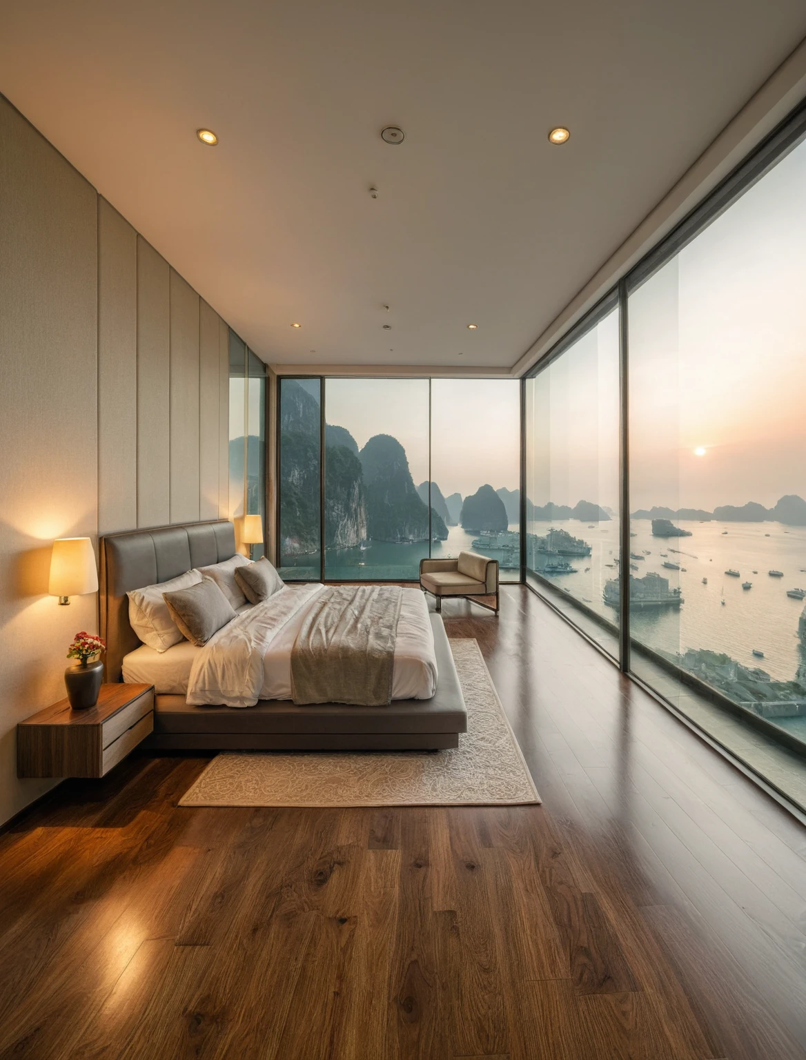 Raw photo,Masterpiece, high quality, best quality, authentic, super detail, interior, indoors, bedroom style modern , view sea halong bay , sunset, day light, bed, lamp, carpet, bedside cabinets, flower vase, wooden floor ,glass windows, downlight, armchair and tea table, curtain,