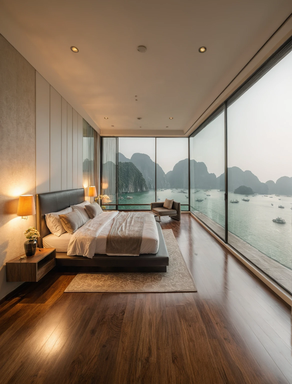 Raw photo,Masterpiece, high quality, best quality, authentic, super detail, interior, indoors, bedroom style modern , view sea halong bay , sunset, day light, bed, lamp, carpet, bedside cabinets, flower vase, wooden floor ,glass windows, downlight, armchair and tea table, curtain,
