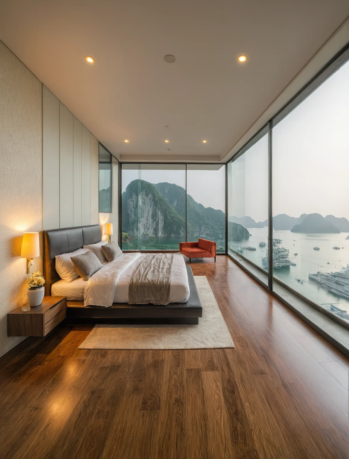 Raw photo,Masterpiece, high quality, best quality, authentic, super detail, interior, indoors, bedroom style modern , view sea halong bay , sunset, day light, bed, lamp, carpet, bedside cabinets, flower vase, wooden floor ,glass windows, downlight, armchair and tea table, curtain,